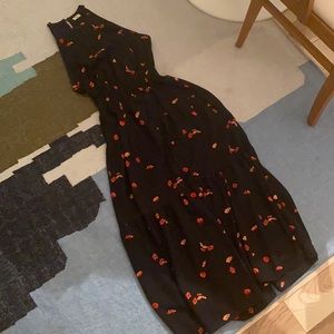 Wilfred Black Cinched Maxi Dress with Coral Flower Print Detail